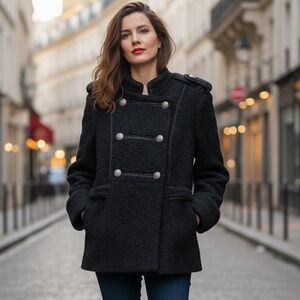 Nizan Black Boucle Wool Napoleon Coat Size XL